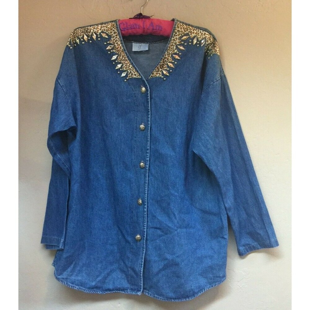 If USA Women's Size 1 Blue Denim Shirt/Jacket Gold Button Front Embellishments